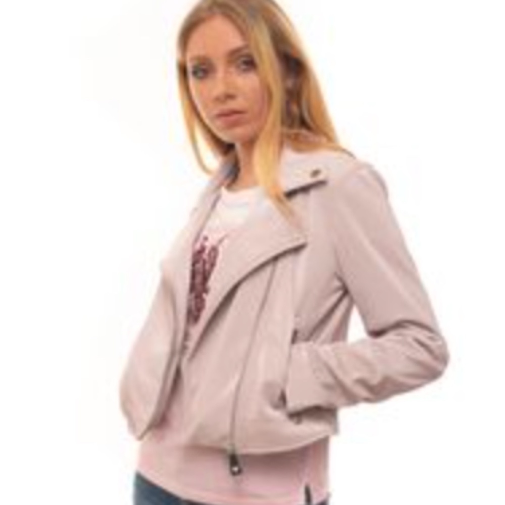 GUESS Women's Faux Leather Blush Pink Biker Jacket